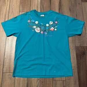 Vintage Sea Shell Graphic Nature T Shirt Womens XL Teal Made USA 90s